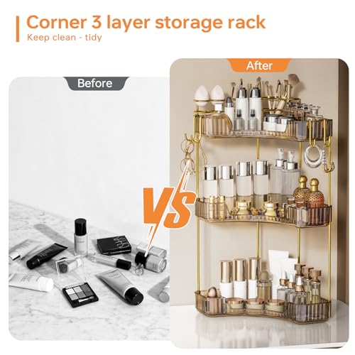 Greenby 3-Tier Corner Bathroom Counter Organizer，Makeup & Skincare Shelf with Built-in Brush Holder，Space-Saving Bathroom Countertop Organizer for Skincare, Perfume, Cosmetics(Amber) - Image 5