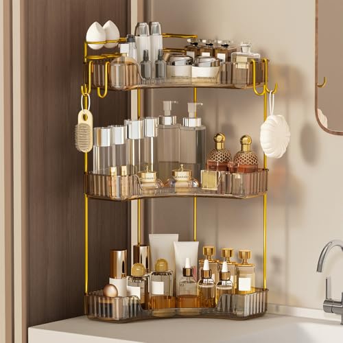 Greenby 3-Tier Corner Bathroom Counter Organizer，Makeup & Skincare Shelf with Built-in Brush Holder，Space-Saving Bathroom Countertop Organizer for Skincare, Perfume, Cosmetics(Amber) - Image 1