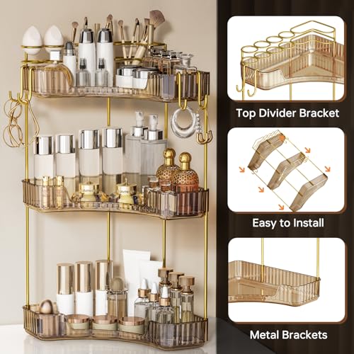 Greenby 3-Tier Corner Bathroom Counter Organizer，Makeup & Skincare Shelf with Built-in Brush Holder，Space-Saving Bathroom Countertop Organizer for Skincare, Perfume, Cosmetics(Amber) - Image 3
