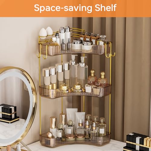 Greenby 3-Tier Corner Bathroom Counter Organizer，Makeup & Skincare Shelf with Built-in Brush Holder，Space-Saving Bathroom Countertop Organizer for Skincare, Perfume, Cosmetics(Amber) - Image 4