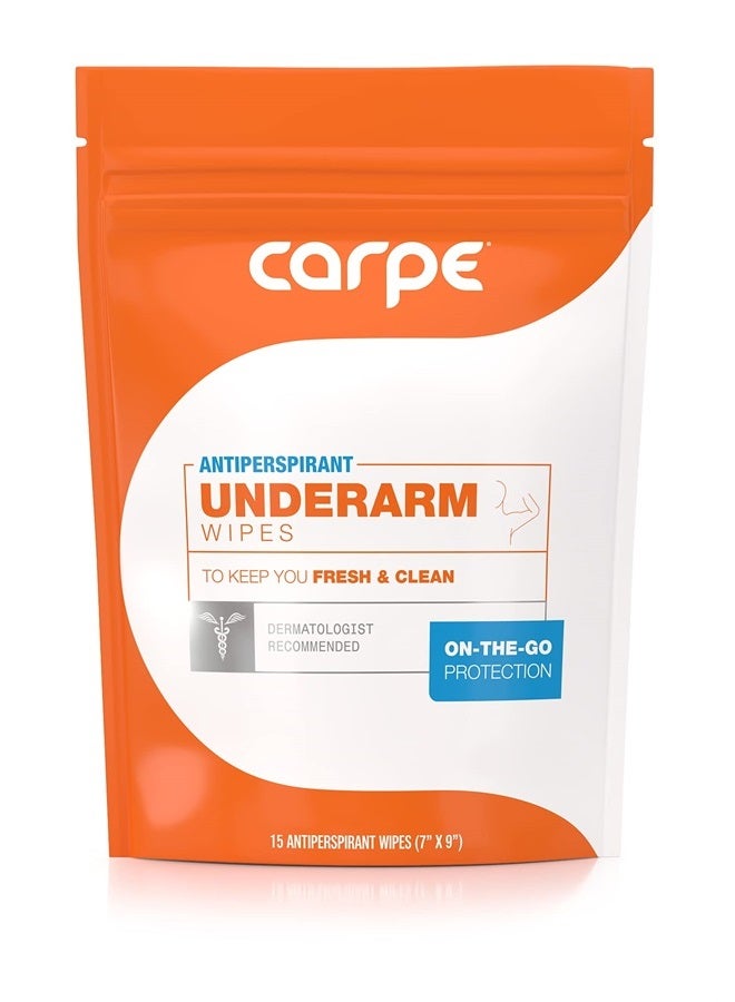 Carpe Antiperspirant Underarm Wipes for Sweat Blocking, Deodorizing, and Cleansing When You're On the Move - 15 Residue Free, Individually Wrapped Wipes - Clean and Refreshing Scent - Image 1