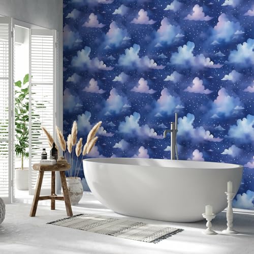 VaryStyle 177x393 Aesthetic Cloud Wallpaper Night Sky Stars Cloud Peel and Stick Wallpaper for Nursery Furniture Dark Blue Contact Paper Removable Waterproof Vinyl for Kids Room Bathroom Ceilings - Image 3