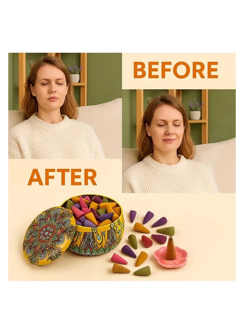 PARO OUD 100 قطعة من مخروط البخور اليدوي، رائحة عود الأجار، عبوة علبة معدنية بنمط رخامى | اليوغا والتأمل | تنقية الهواء للمنزل وغرفة النوم والمكتب | هدية مساعدة للاسترخاء والنوم | - Image 4