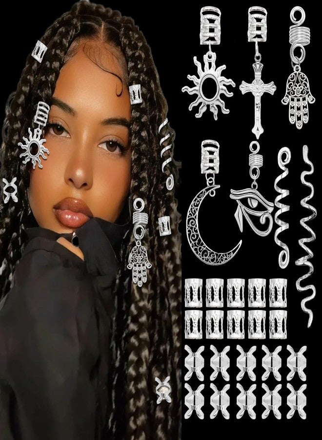 VENOFEN مجموعة فينوفين من زينة الشعر للضفائر - 27 قطعة من مجوهرات الضفائر الفضية، خرز متعدد الأنماط للضفائر، حلقات معدنية حلزونية لتزيين الشعر، إكسسوارات ضفائر للنساء والرجال - Image 1