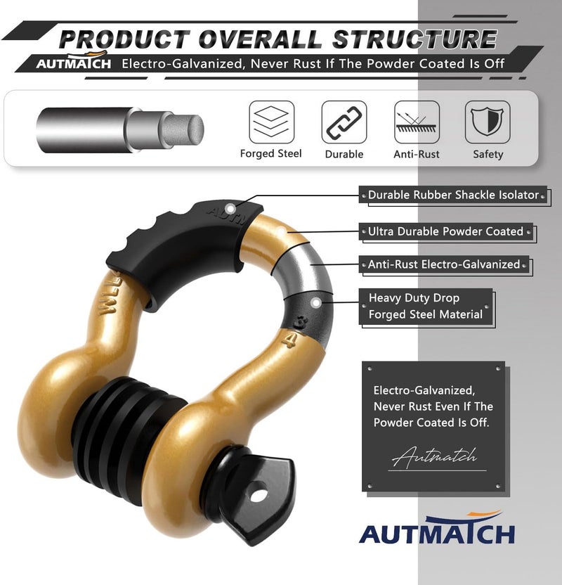 AUTMATCH 3/4" D Ring Shackles (2 Pack) 41,887Ibs Break Strength with 7/8" Screw Pin and Shackle Isolator Washers Kit for Tow Strap, UTV, Truck, Trailer, ATV Recovery, Gold & Black - Image 4