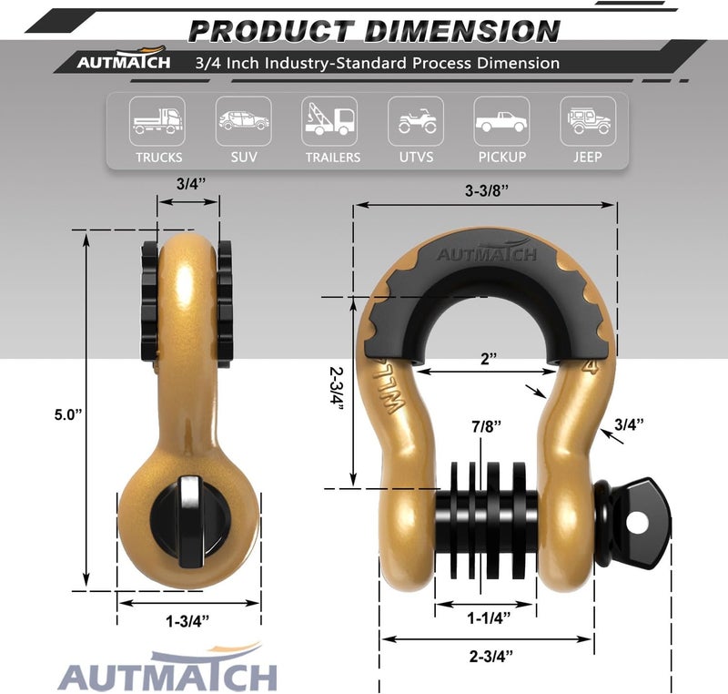 AUTMATCH 3/4" D Ring Shackles (2 Pack) 41,887Ibs Break Strength with 7/8" Screw Pin and Shackle Isolator Washers Kit for Tow Strap, UTV, Truck, Trailer, ATV Recovery, Gold & Black - Image 3