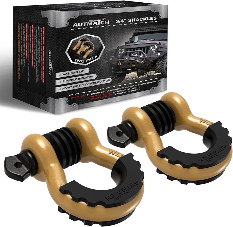 AUTMATCH 3/4" D Ring Shackles (2 Pack) 41,887Ibs Break Strength with 7/8" Screw Pin and Shackle Isolator Washers Kit for Tow Strap, UTV, Truck, Trailer, ATV Recovery, Gold & Black - Image 1
