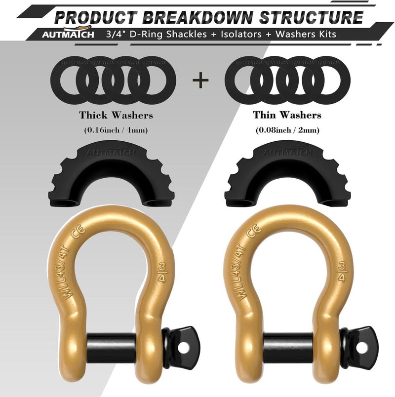 AUTMATCH 3/4" D Ring Shackles (2 Pack) 41,887Ibs Break Strength with 7/8" Screw Pin and Shackle Isolator Washers Kit for Tow Strap, UTV, Truck, Trailer, ATV Recovery, Gold & Black - Image 2