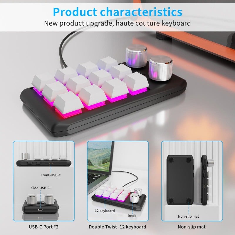 One Handed Gaming Keyboard: 12 Programmable Keys Dual Knobs White - LED Lighting Effects Compact Non-slip Base Custom Keyboard for Gaming Design Software On-the-go Use - Image 2