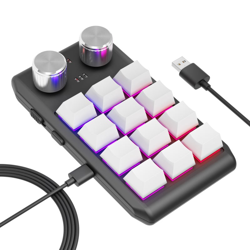 One Handed Gaming Keyboard: 12 Programmable Keys Dual Knobs White - LED Lighting Effects Compact Non-slip Base Custom Keyboard for Gaming Design Software On-the-go Use - Image 1