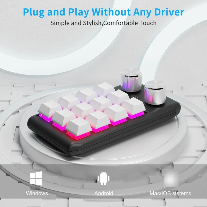 One Handed Gaming Keyboard: 12 Programmable Keys Dual Knobs White - LED Lighting Effects Compact Non-slip Base Custom Keyboard for Gaming Design Software On-the-go Use - Image 3