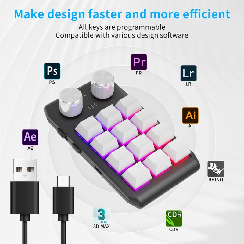 One Handed Gaming Keyboard: 12 Programmable Keys Dual Knobs White - LED Lighting Effects Compact Non-slip Base Custom Keyboard for Gaming Design Software On-the-go Use - Image 5