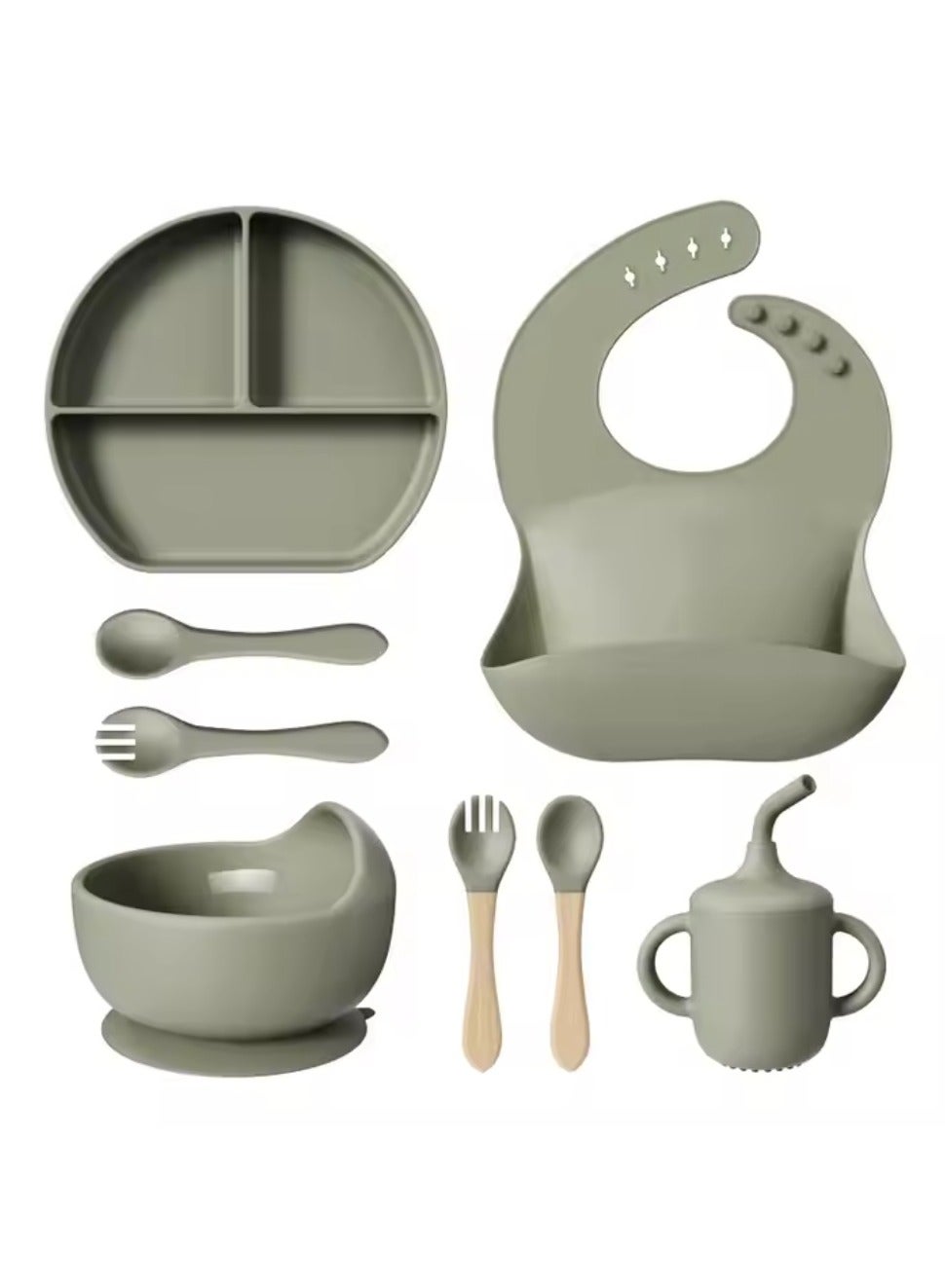 BABYTOT 8-Pieces Baby Feeding Set – Toddler Divider Suction Plate & Bowl, Adjustable Soft Silicone Bib, Cup & Cutlery (Multicolor) | Eco-Friendly and BPA-Free Tableware Set (Sage Green)