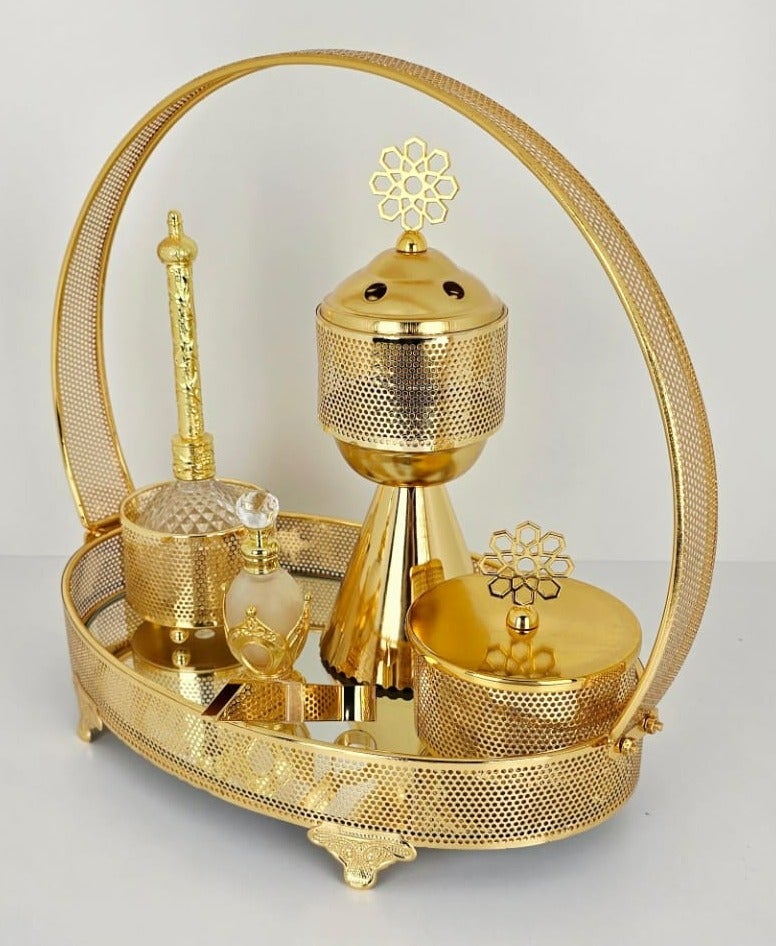 Bakhoor Burner Set Wedding Gift Decorative Handmade design Incense Burner with Perfume Bottle empty Golden Ash Tray Flower Antique Design Shiny and Golden Bakhoor  Incense Burner Set By Damanhoor