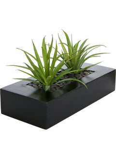 MyGift Mygift 10 Inch Artificial Green Grass Plants In Black Wood Decorative Planter Pot - Faux Greenery In Rectangular Wooden Container For Tabletop Centerpiece Décor  - Image 1