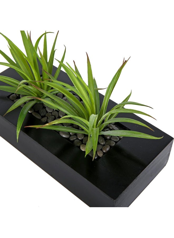 MyGift - Mygift 10 Inch Artificial Green Grass Plants In Black Wood Decorative Planter Pot - Faux Greenery In Rectangular Wooden Container For Tabletop Centerpiece Décor - Image 1