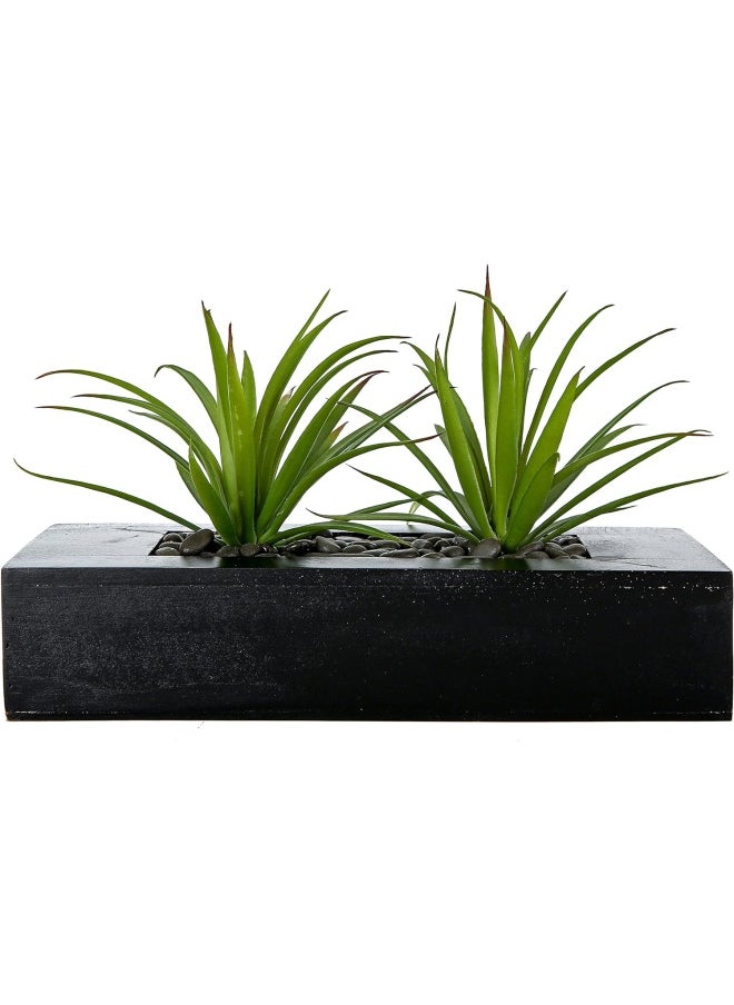 MyGift - Mygift 10 Inch Artificial Green Grass Plants In Black Wood Decorative Planter Pot - Faux Greenery In Rectangular Wooden Container For Tabletop Centerpiece Décor - Image 1