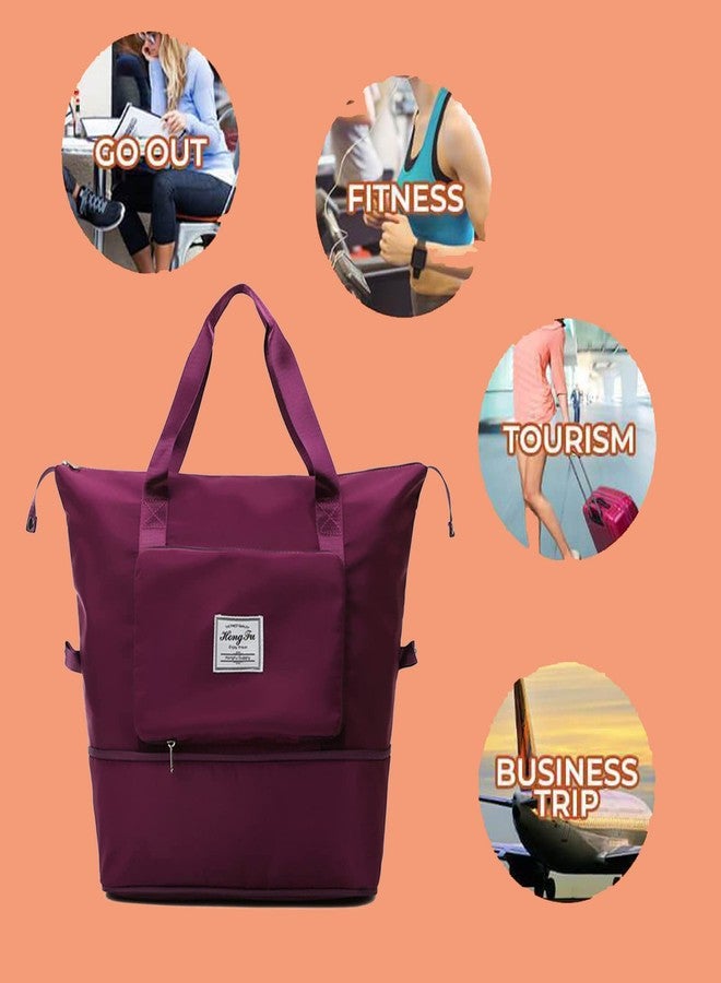 Gimue Large Duffel Bag, Folding Tote Travel Bags, Lightweight Gym Weekender Carry on Duffle for Women Traveling, Womens Multifunctional Capacity Bags with Shoes Compartment, Purple Red, Large - Image 3