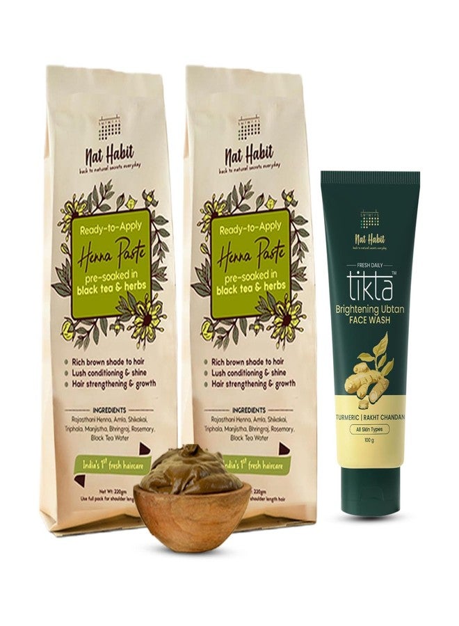Nat Habit Ready to Apply Henna Paste & Brightning Ubtan Face Wash Combo For Men & Women Natural Glow, Rich Dark Brown Shade Suitable For All Hair & Skin Types (Combo Pack of 3) - Image 1