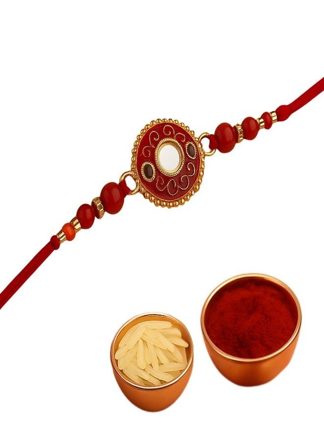 Sage Square Rakhi for Brother, Bhai with Roli Chawal | Raksha Bandhan | Designer Beads, Stones, Decorative Work | Stylish Handcrafted Rakhi Gifting for Sibling Festival Celebration (Type 30) - Image 1