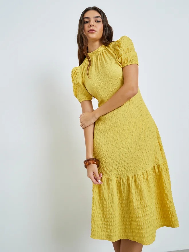 Styli Styli Yellow Textured Puff Sleeves Midi Dress