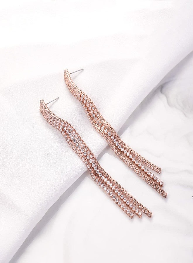 YOQUCOL Rose Golden Boho Tassel Chandelier Earrings Cubic Zirconia Crystal Long Drop Dangle Chain Bohemian Earrings for Women - Image 5