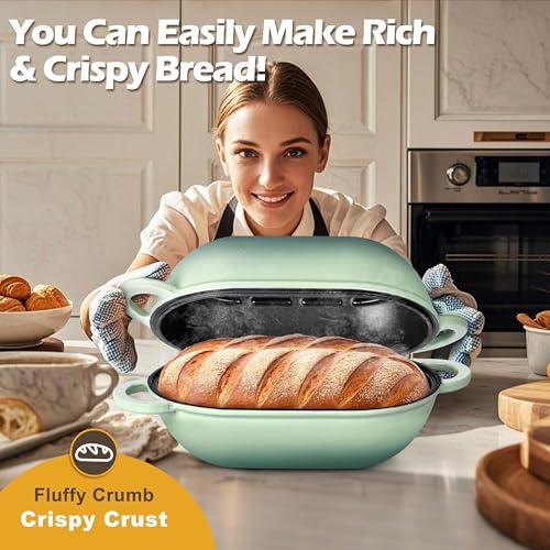 Homikit Enameled Cast Iron Dutch Oven for Bread Baking, 2.8 QT Oval Bread Oven Pot with Lid, 9.5 x 5.7 Inch Sourdough Loaf Baking Pan for Homemade Bread, Heavy Duty & Oven Safe, Pistachio Green - Image 5
