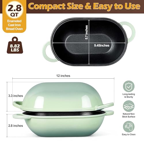 Homikit Enameled Cast Iron Dutch Oven for Bread Baking, 2.8 QT Oval Bread Oven Pot with Lid, 9.5 x 5.7 Inch Sourdough Loaf Baking Pan for Homemade Bread, Heavy Duty & Oven Safe, Pistachio Green - Image 2