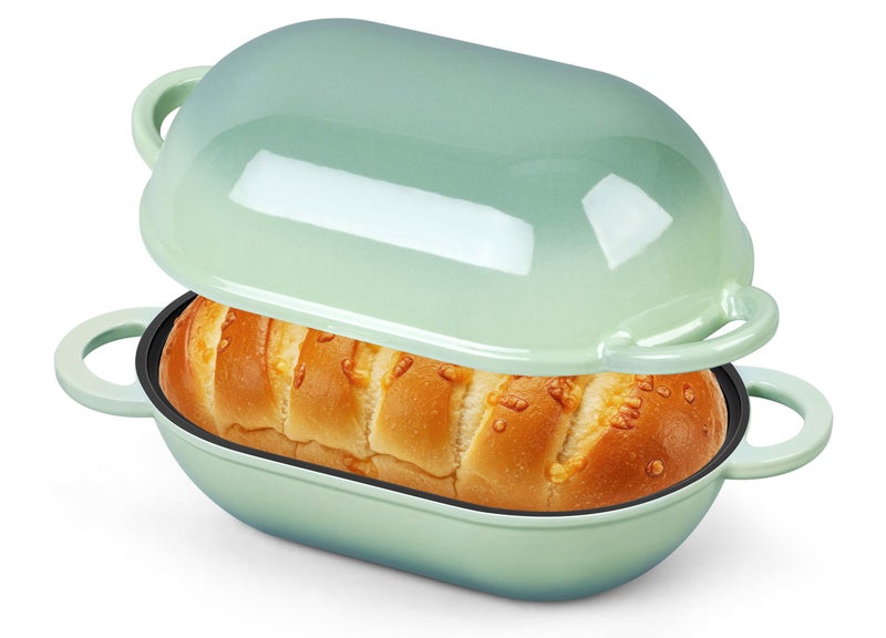 Homikit Enameled Cast Iron Dutch Oven for Bread Baking, 2.8 QT Oval Bread Oven Pot with Lid, 9.5 x 5.7 Inch Sourdough Loaf Baking Pan for Homemade Bread, Heavy Duty & Oven Safe, Pistachio Green - Image 1