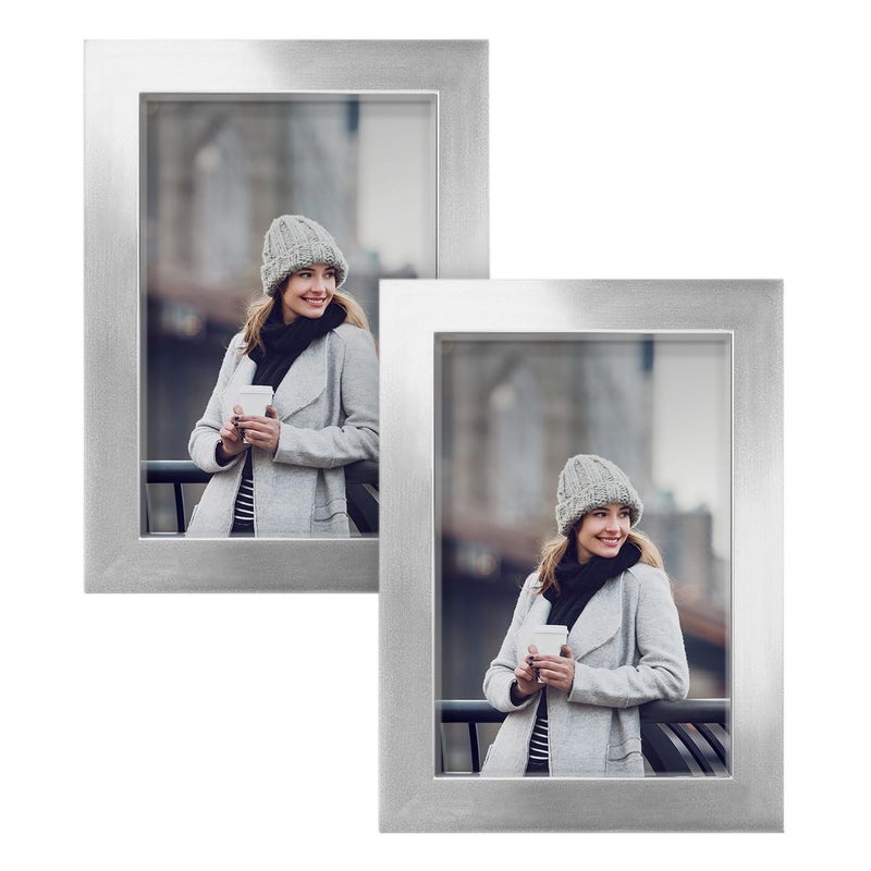 Renditions Gallery 4x6 inch Picture Frame Set of 2 Highend Modern Style Made of Solid Wood and High Definition Glass Ready for Wall and Tabletop Photo Display Silver Frame