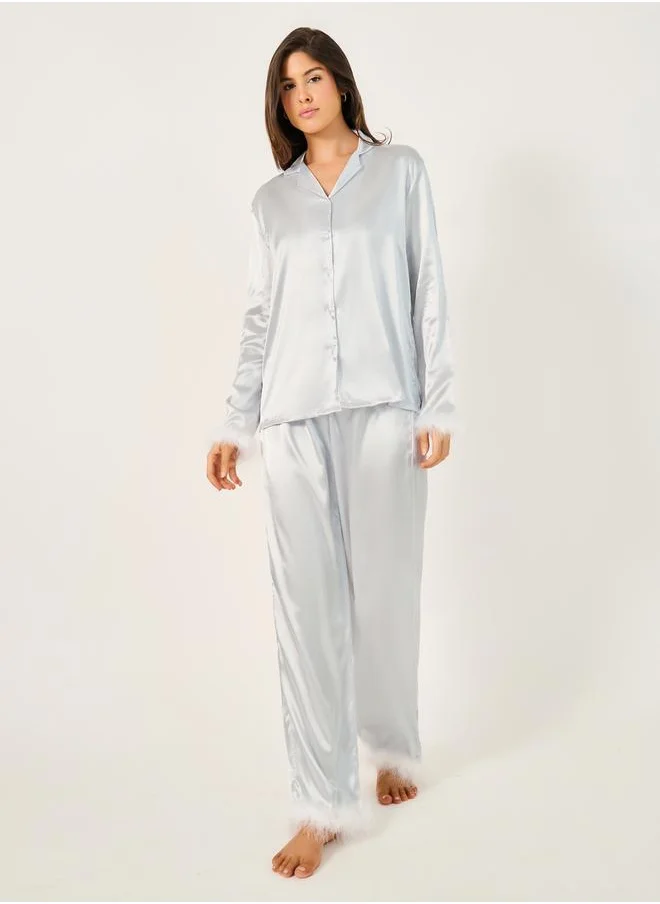 ستايلي Faux Feather Trim Buttoned Shirt and Pyjama Set