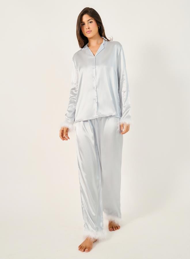 Styli Faux Feather Trim Buttoned Shirt and Pyjama Set  - Image 1