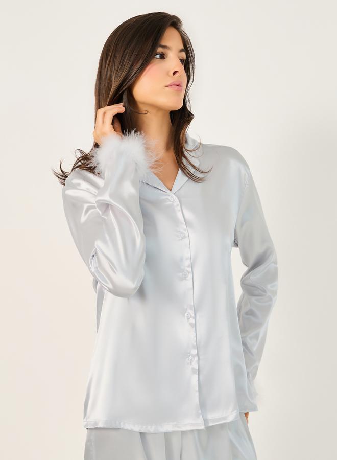 Styli Faux Feather Trim Buttoned Shirt and Pyjama Set  - Image 2