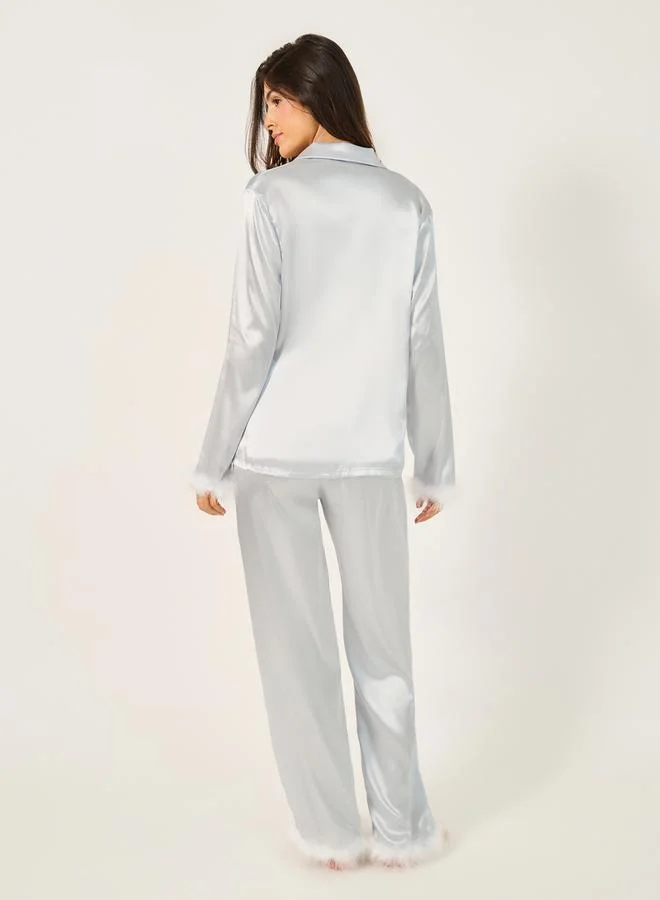 Styli Faux Feather Trim Buttoned Shirt and Pyjama Set