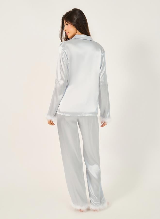Styli Faux Feather Trim Buttoned Shirt and Pyjama Set  - Image 5