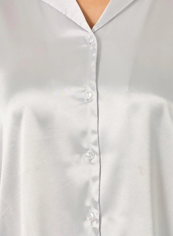 Styli Faux Feather Trim Buttoned Shirt and Pyjama Set