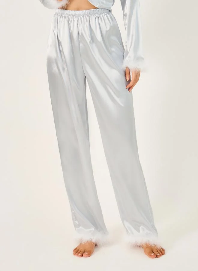 Styli Faux Feather Trim Buttoned Shirt and Pyjama Set