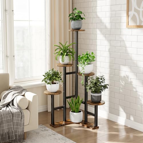 Yzosvki Corner Plant Stand Indoor, 6 Tiered Corner Plant Shelf Flower Stand for Multiple Plants, Plant Shelves Organizer Rack for Living Room, Balcony, Patio, Garden, Round Rustic Brown - Image 2