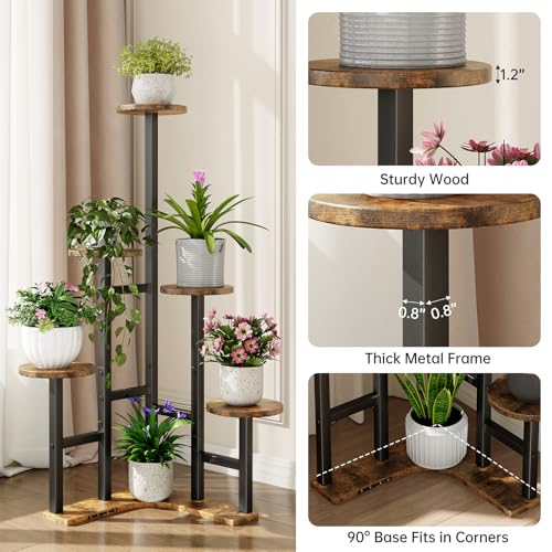 Yzosvki Corner Plant Stand Indoor, 6 Tiered Corner Plant Shelf Flower Stand for Multiple Plants, Plant Shelves Organizer Rack for Living Room, Balcony, Patio, Garden, Round Rustic Brown - Image 4