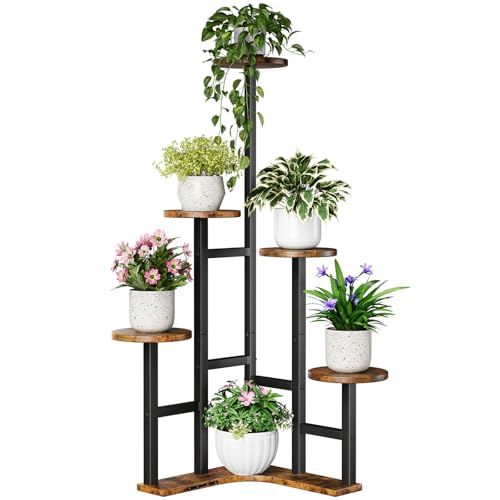 Yzosvki Corner Plant Stand Indoor, 6 Tiered Corner Plant Shelf Flower Stand for Multiple Plants, Plant Shelves Organizer Rack for Living Room, Balcony, Patio, Garden, Round Rustic Brown - Image 1