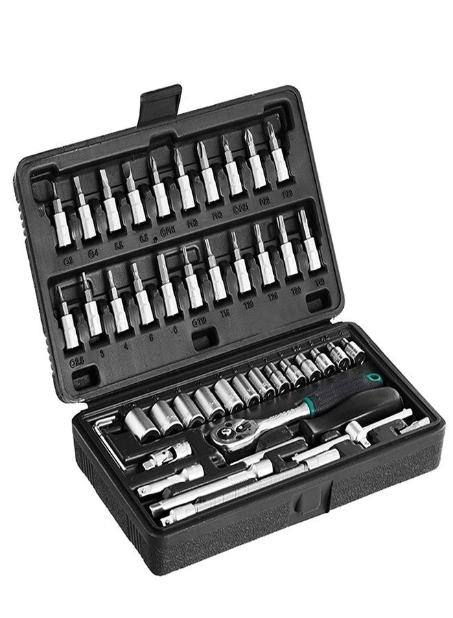 Oblivion Tool Box Kit 46 pcs – Black Metal 1/4 Inch Socket Set – Complete Ratchet Socket Wrench with Extension Bar & Bits, Compact Portable Tool Set for Home, Garage, Automotive Repair & Maintenance - Image 1