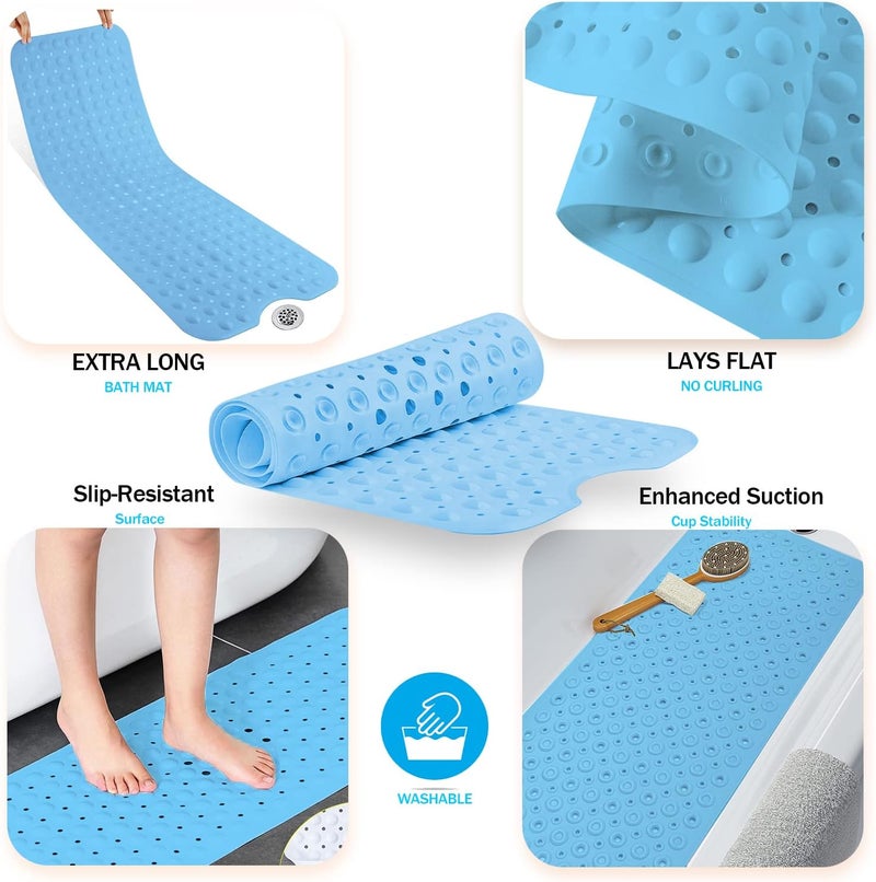 GVTECH Non-Slip Bath Mat with Suction Cups, 100x40cm/40x16in Extra Long Bathtub Mats | Anti-Mould, Machine-Washable, Latex-Free | Shower Mat Ideal for Elderly & Children (Blue) - Image 3