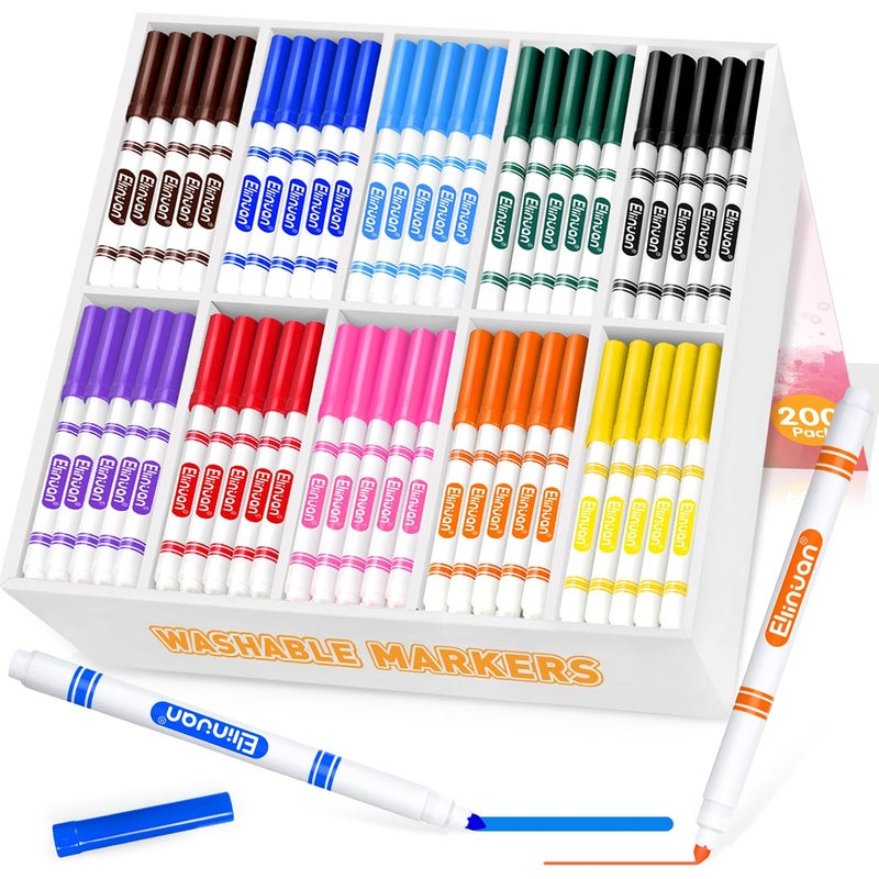 Ellinjan 200 Count Washable Markers Bulk 10 Assorted Colors Fine Line Colored Marker with Conical Tip Washable Markers for Kids School Art Supplies Classroom Essentials for Students Teachers - Image 2