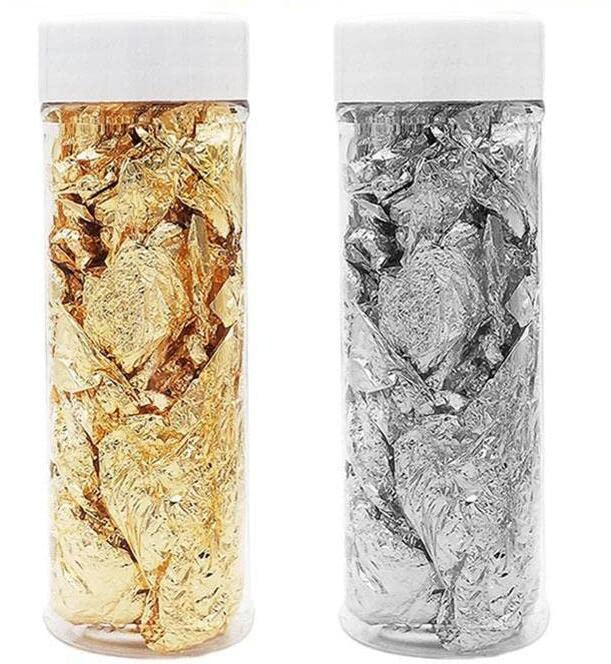 MAFAHH MAFAHH 2pcs Golden and Silver Foil Flakes Cake Decoration Metallic Leaf High Glossy Ideal for Cake Decorations Nails Painting Crafts Slime Resin Jewelery Making Pack of 2
