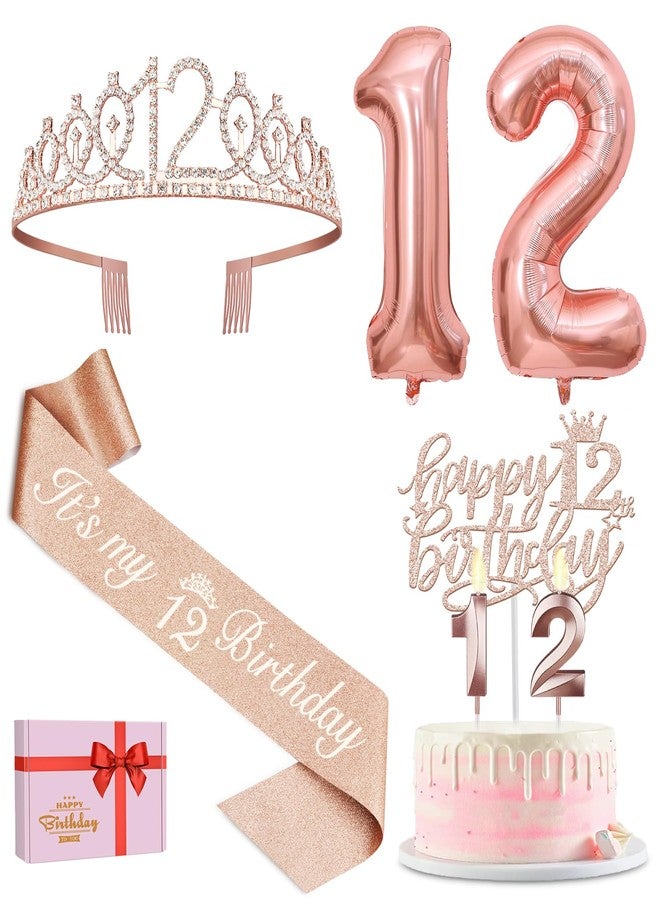 YeohJoy 12th Birthday Decorations for Girls Including 12th Birthday Sash, Crown/Tiara, Candles and Cake Toppers, Number 12 Balloons, Rose Gold 12 Year Old Birthday Party Decorations for A Girl - Image 1