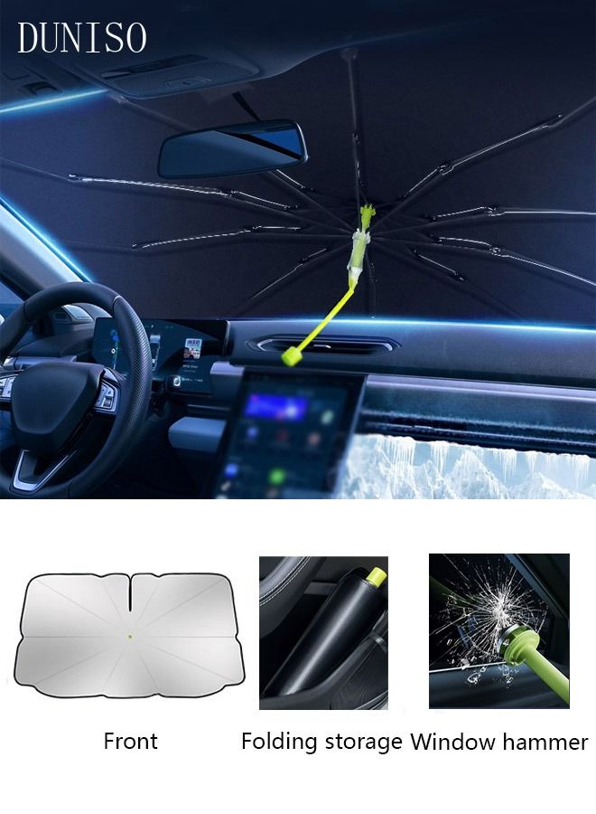 DUNISO Car Windshield Sunshade Umbrella Pull Ring Car Sun Shade Front Window Cover Foldable Sunshade Umbrella with Window Breaker for UV Ray Block Sun Heat Protection for Most Vehicles - Image 1