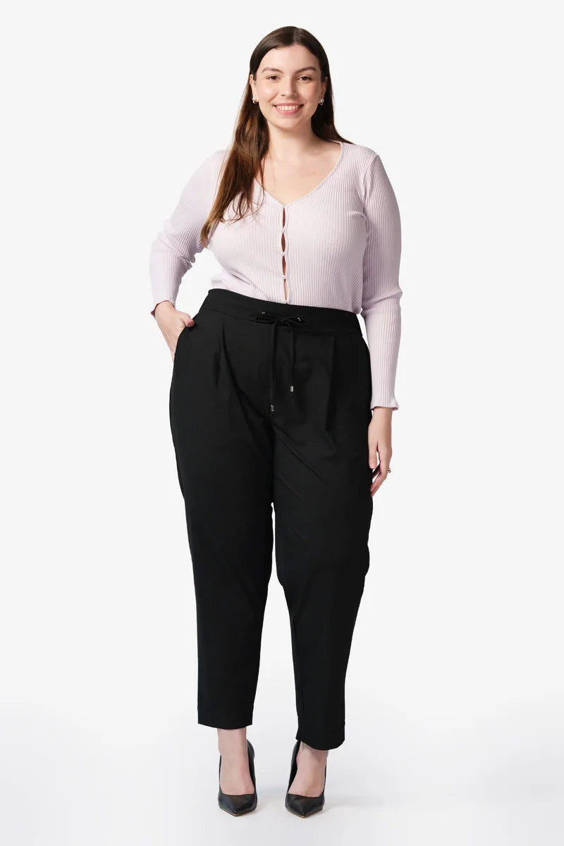 Virgio Solid Cotton Plus Size Trousers With Front Pleat And Drawcord Detail for Women