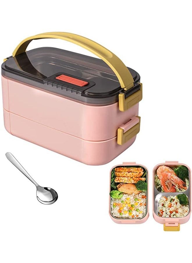 Arabest Bento Lunch Box for Adults & Kids, Reusable Stainless Steel Handheld Portable 2 Layers Meal Box, 1200ml Leakproof Food Storage Containers, Microwave Dishwasher Safe Lunch Box with Spoon - Pink  - Image 1