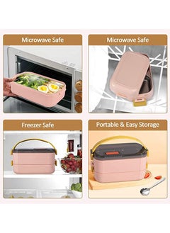Arabest Bento Lunch Box for Adults & Kids, Reusable Stainless Steel Handheld Portable 2 Layers Meal Box, 1200ml Leakproof Food Storage Containers, Microwave Dishwasher Safe Lunch Box with Spoon - Pink  - Image 3