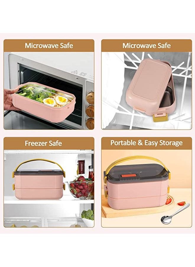 Arabest Bento Lunch Box for Adults & Kids, Reusable Stainless Steel Handheld Portable 2 Layers Meal Box, 1200ml Leakproof Food Storage Containers, Microwave Dishwasher Safe Lunch Box with Spoon - Pink  - Image 3